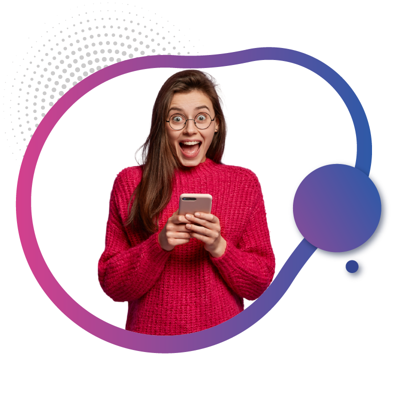 Happy woman in red sweater enjoying mobile service experience.
