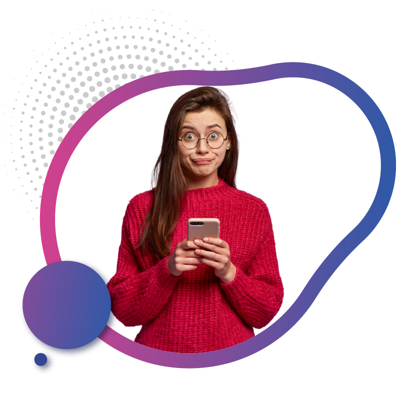 Woman with glasses impressed using smartphone device.