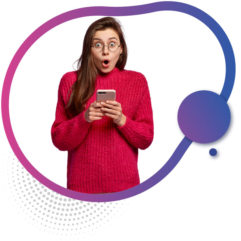 Young woman excited holding smartphone with fast mobile data.